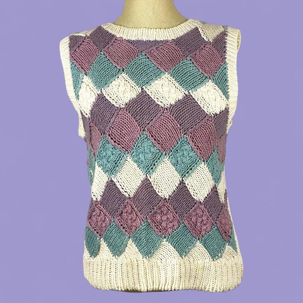 Vtg Hand Knit Pastel Granny Sleeveless Sweater Vest